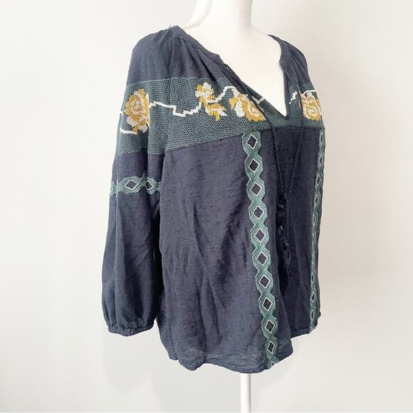 Lucky Brand navy peasant bohemian embroidered top size large - Picture 4 of 8